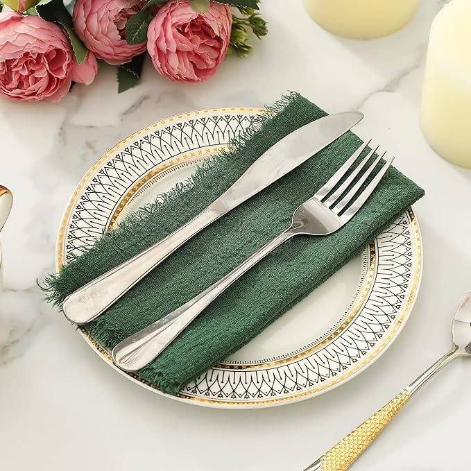 Linen Napkins Set of 12, Versatile 17x17 Inches Handmade Cotton Cloth Napkins, Dinner Table Cloth Napkins for Wedding, Christmas and Parties, Dark Green