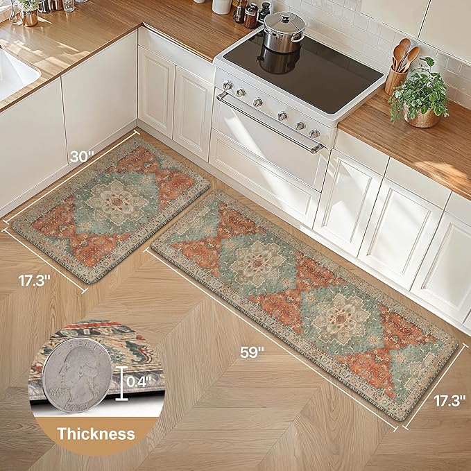 GENIMO Kitchen Mats for Floor 2PCs, Washable Anti Fatigue Mat for Cushioned, 17.3"x59"+17.3"x30", Waterproof Kitchen Rugs, Non Slip Comfort Standing Mat Rug for Home, Sink, Laundry, Multi