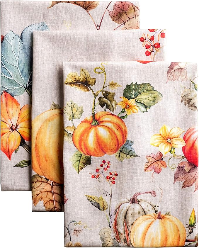 Maison d' Hermine Kitchen Towels Set of 3 100% Cotton 20" x 27.5" Reusable Cloth Tea Dish Towels Absorbent with Hanging Loop for Kitchen Dining Thanksgiving Christmas Decorations (Potiron)
