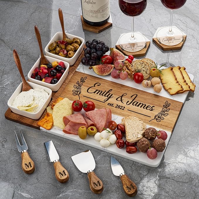 AWESOMETIK Personalized Acacia Wood & Marble Charcuterie Board – Custom Engraved Cheese Board with Knife Set – Perfect Wedding & Housewarming Gift