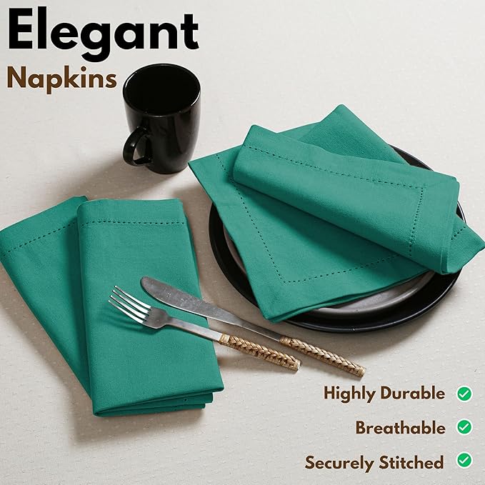 Native Fab Cloth Napkins Set of 4, 100% Cotton, Hemstitch Mitered Edges, Washable Fabric Napkins, 18x18 inch, Soft, Breathable, Reusable Hotel Quality Napkins for Events, Party, Dinner - Royal Green