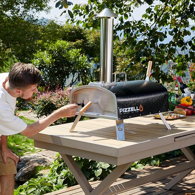 16" Outdoor Pizza Oven Propane & Wood Fired Multi-fuel Large Stainless Steel Pizza Grill with Gas Burner, Wood Tray Pizza Stone, Pizza Peel, Carry Bag (Black)