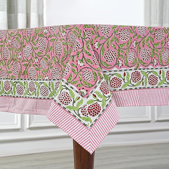 Ridhi Strawberry Pink Hand Block Print Cotton Rectangle Tablecloth 140 x 72 inch-Reusable Table Cover Decorative Everyday Use for Dining Room, Farmhouse, Thanksgiving, Christmas Wedding, Fall