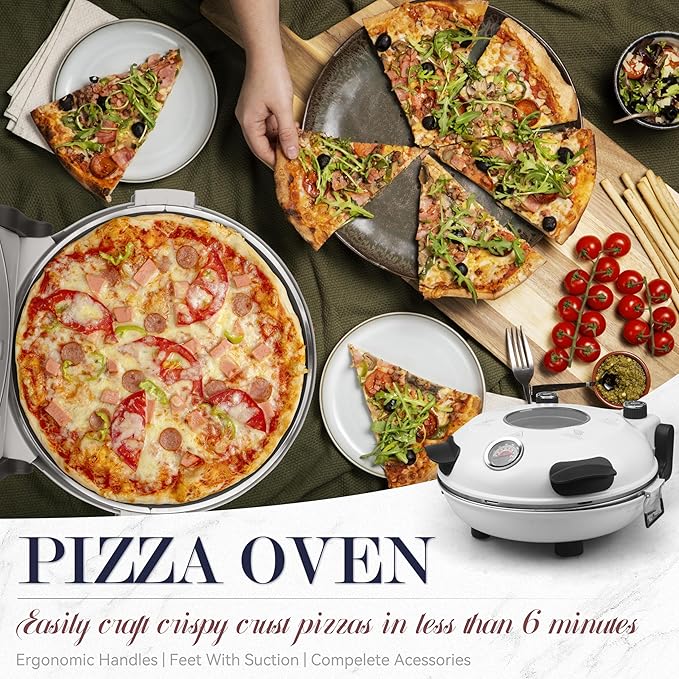 Baker's Friend Electric Pizza Oven Indoor Countertop, 12 Inch Maker Machine for Home, Cooker & Grill, Premium Glazed Ceramic Stone Oven, Creamy White