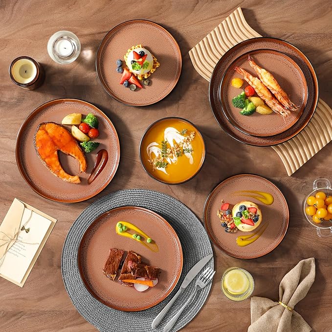 vancasso Plates and Bowls Sets, 24 Pieces Stoneware Dinnerware Sets for 8, Kitchen Dish Set Mircowave and Dishwasher Safe Dinner Set Ceramic Dishware, Brown, Series AMBER