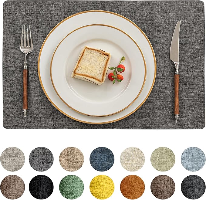 Romanstile Vinyl Placemats Set of 12-12 X 18 Inch - Heat Resistant Place Mats 100% Waterproof Oilproof Wipeable Reversible Faux Leather Table Mats for Kitchen/Dining/Party/Outdoor, Dark Grey