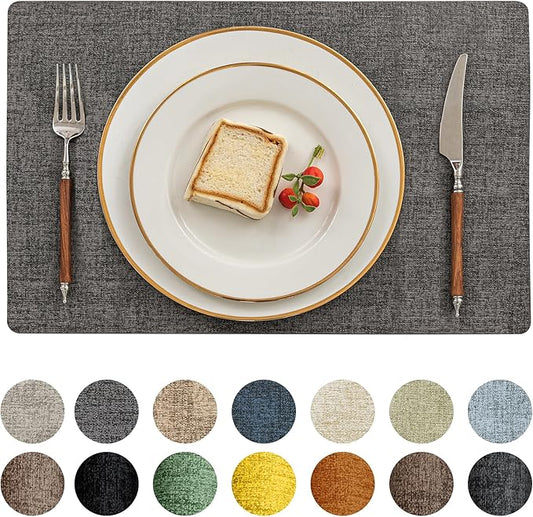 Romanstile Vinyl Placemats Set of 12-12 X 18 Inch - Heat Resistant Place Mats 100% Waterproof Oilproof Wipeable Reversible Faux Leather Table Mats for Kitchen/Dining/Party/Outdoor, Dark Grey