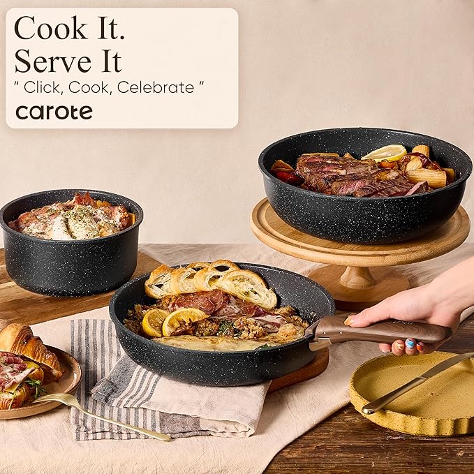 CAROTE 25pcs Pots and Pans Set Non Stick, Cookware Sets, Kitchen Set, Oven/Dishwasher/Fridge Safe, Space Saving Pots Set, Nonstick Set with Versatile Detachable Handle, Induction RV Set, Black