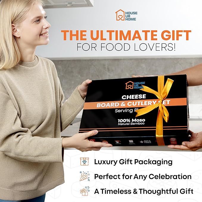 Bamboo Charcuterie Boards Gift Set with Leather Handles, Knife Set, Wine Opener, Ceramic Bowls & Forks, Recipe Book - House Warming Gifts New Home