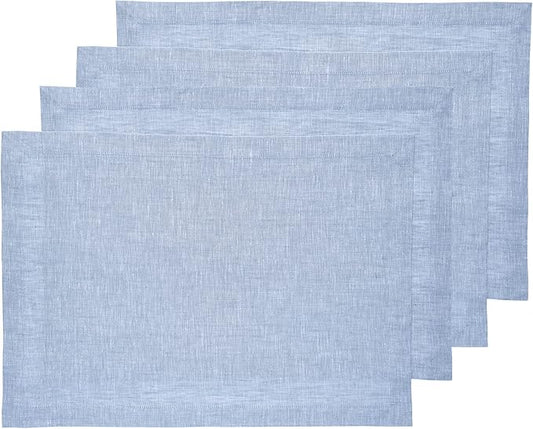 Solino Home Linen Cloth Placemats Set of 4-100% Pure Linen Chambray Blue Placemats 14 x 19 Inch - Athena - Christmas, Winter