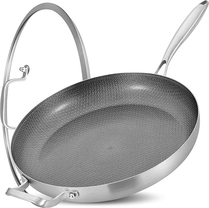 Inqibee 14.5-Inch Hybrid Ceramic Nonstick Tri-Ply Stainless Steel Frying Pan with Lid, Large Skillet,Induction Chef's Cooking Pan,Dishwasher and Oven Safe