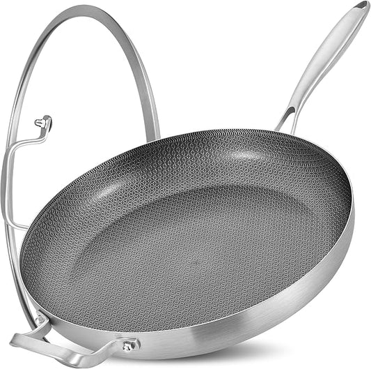 Inqibee 14.5-Inch Hybrid Ceramic Nonstick Tri-Ply Stainless Steel Frying Pan with Lid, Large Skillet,Induction Chef's Cooking Pan,Dishwasher and Oven Safe