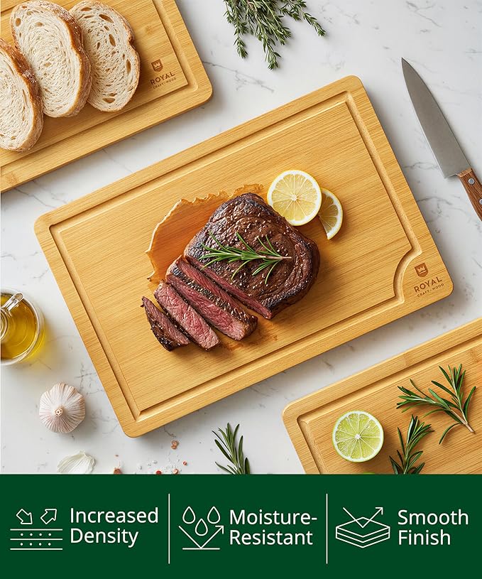 ROYAL CRAFT WOOD Bamboo Cutting Board Gift Set – 3-Piece Reversible Wooden Boards with Deep Juice Groove & Handles – Premium Charcuterie & Butcher Blocks for Kitchen – Holiday Gift-Ready Packaging