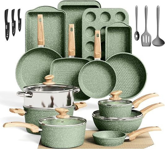 30 Piece Pots and Pans Set Non Stick, Nonstick Induction Granite Kitchen Cookware Sets, Induction Cookware and Bakeware Set, Nonstick Granite Cooking Set, Pan Sets for Cooking, Green