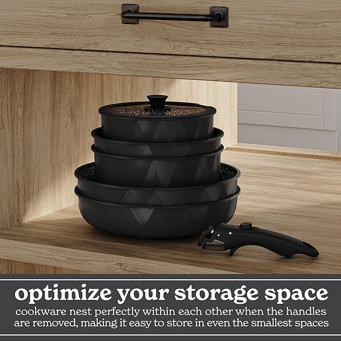 Country Kitchen Cookware Set with Removable Handle, Oven & RV Safe Pots and Pans Set, Black Diamond, Original