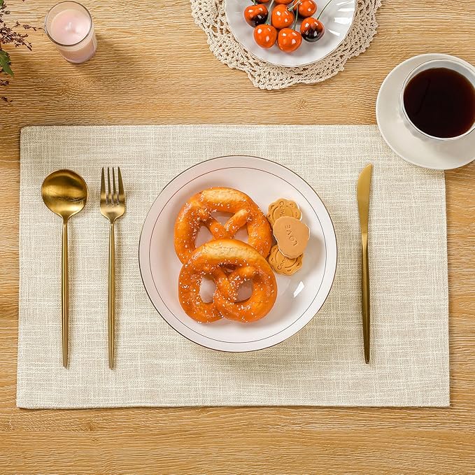 SHACOS Washable Cloth Placemats Set of 4, Double Layer Thick Non Slip Heat Resistant Place Mats, Stain Resistant Faux Linen Modern Farmhouse Table Mats, Ivory
