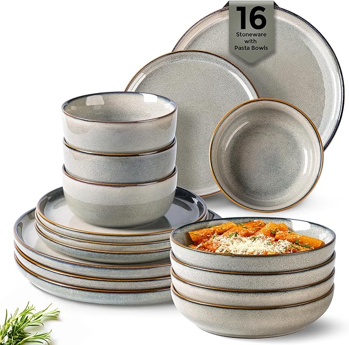 GBHOME 16 Pieces Double Bowls Ceramic Dinnerware Sets for 4, Stoneware Plates and Bowls Set with Reactive Glaze, Scratch Resistant Stoneware Dishes Set, Dishwasher & Microwave Safe