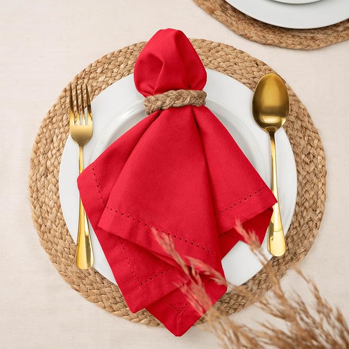 Blue Needles Set of 6 Hemstitch Linen Napkins 100% Cotton Red Cloth Dinner Napkins 18x18 inches, Soft, Reusable, Absorbent, Washable, Ideal for Fall Thanksgiving Events, Parties & Everyday Use