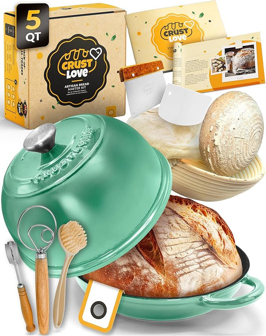 Dutch Oven Bread Baking - 5QT Enamel Bread-Oven - incl Sourdough Bread-Baking Suppliers like Dough Whisk Scoring Lame etc Bread-Dome Cast Iron Bread-Pan with Lid for Sour dough, Bread-making