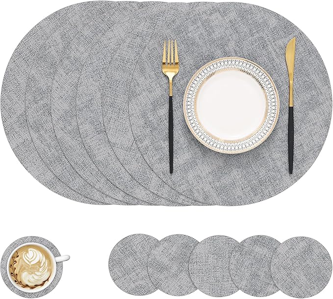 homing Round Faux Leather Placemat and Coaster 6 Packs, Washable Heat Resistant Dining Place Mats, Wipeable Double-Sided Table Mats for Indoor and Outdoor, Diameter 13 and 3.93 inch, Light Grey