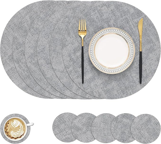homing Round Faux Leather Placemat and Coaster 6 Packs, Washable Heat Resistant Dining Place Mats, Wipeable Double-Sided Table Mats for Indoor and Outdoor, Diameter 13 and 3.93 inch, Light Grey