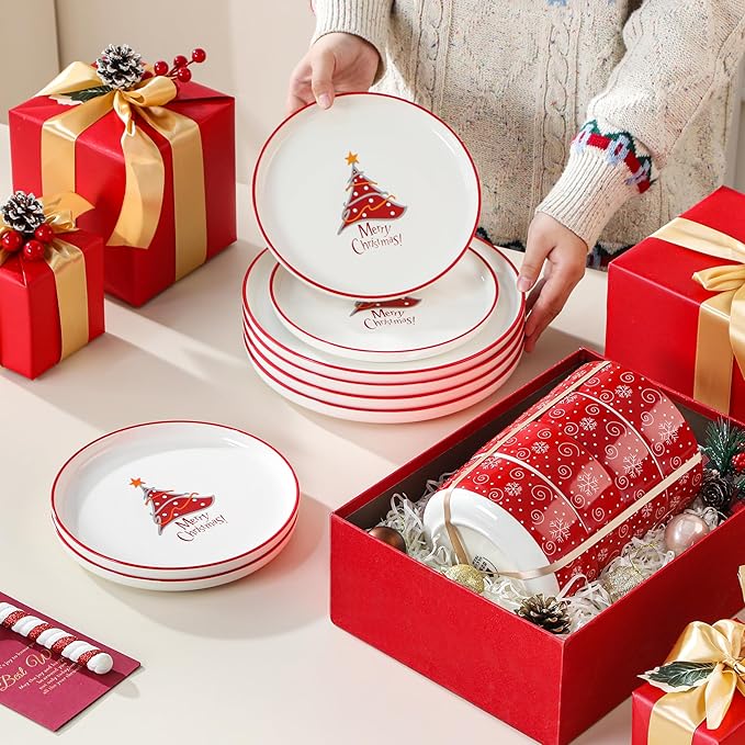 MALACASA Plates and Bowls Sets, 12 Pieces Christmas Porcelain Dinnerware Set for 4, Ceramic Dishware Dishes Kitchen Dining Ware Set, Microwave and Dishwasher Safe, Series LUNA-Christmas Tree
