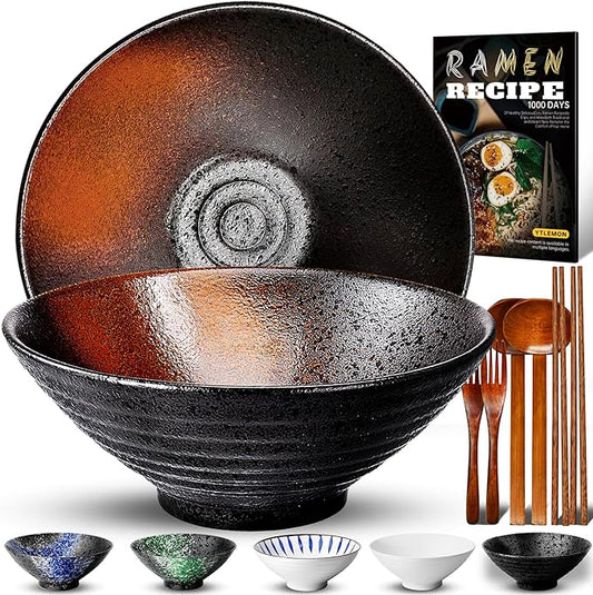 8-Inch Ceramic Ramen Bowl Set of 2 (9 Piece) - Porcelain Japanese Salad Noodles Cereal Fruit Pasta Soup Large Bowls with Recipes Chopsticks Forks Spoons for Men Women Gift Microwave & Dishwasher Safe