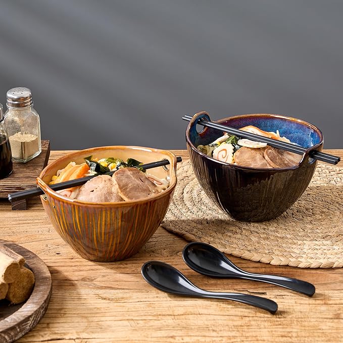 Ramen Bowl with Chopsticks and Spoons Set, 7 Inch Ceramic Noodle Bowl Set of 2, Dishwasher Safe for Pho Udon Soba Noodle Salad Pasta, Special Reactive Glazed Brown Bowls Set