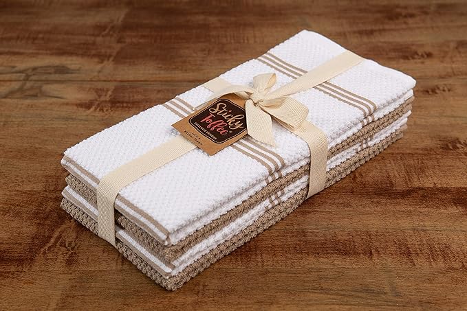 Sticky Toffee Cotton Kitchen Towels Set of 4 – 28x16 in Tan and White Dish Towels, Reusable and Absorbent Tea Towels for Cleaning or Drying, Oeko-Tex Cotton