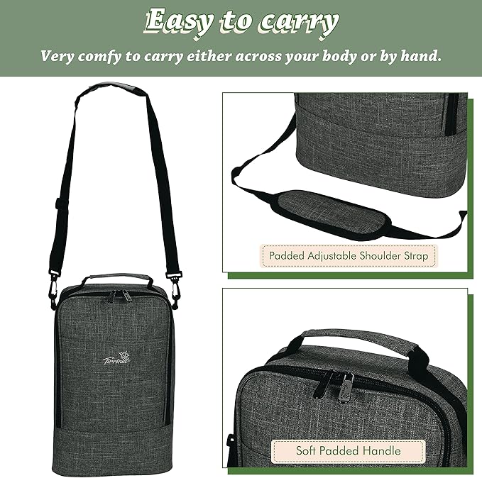 Tirrinia Insulated 2 Bottle Wine Gift Tote Bag - Tumbler Glass Cooler Carrier for BYOB Restaurants, Tasting, Travel, Park, Beach - Great Wine Lover Gift, Charcoal