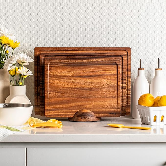 SMIRLY Walnut Wood Cutting Boards for Kitchen, Set of 3 with Holder Large - Small, Walnut Wooden Cutting Board Set with Deep Juice Grooves, Non Toxic Serving Tray, Perfect Mother's Day Gifts