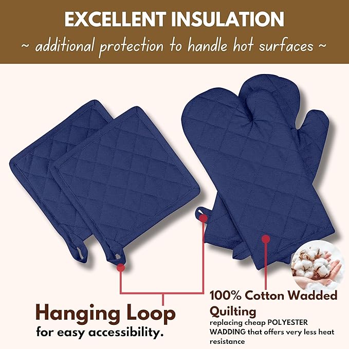 Native Fab 4 Piece Set - 2 Oven Mitts & 2 Potholders, Heat Resistant, 100% Cotton, Quilted Design, Non-Slip Grip, Machine Washable, Ideal for Baking, Cooking, BBQ, Kitchen Protection - Ink Blue