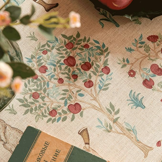 patdrea Designer Beige Tablecloth for Rectangle Tables,Vintage Elegant French Linen with Trees and Kid Pattern Table Cloth,Farmhouse Table Cover Cloth Decor for Kitchen Dining Christmas,67"*118"