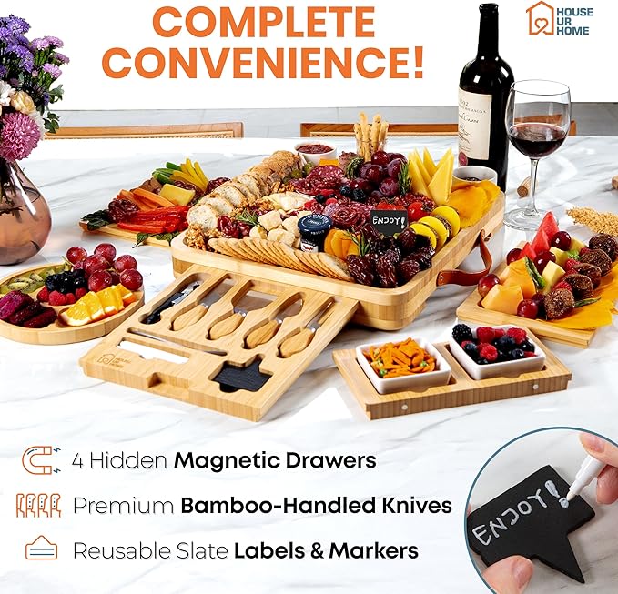 Large Bamboo Charcuterie Boards Gift Set with 4 Hidden Drawers, Cheese Knives, Ceramic Bowls & Plates, Recipe Book, Perfect House Warming Gifts New Home