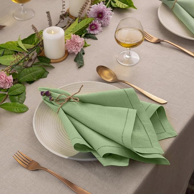 D'Moksha Homes Sage Green Linen Napkins Set of 4 - Classic Hemstitch 100% Pure Linen Hemstitch Dinner Napkins 20 x 20 Inch for Fall, Thanksgiving, Christmas, Holiday - Handcrafted and Machine Washable
