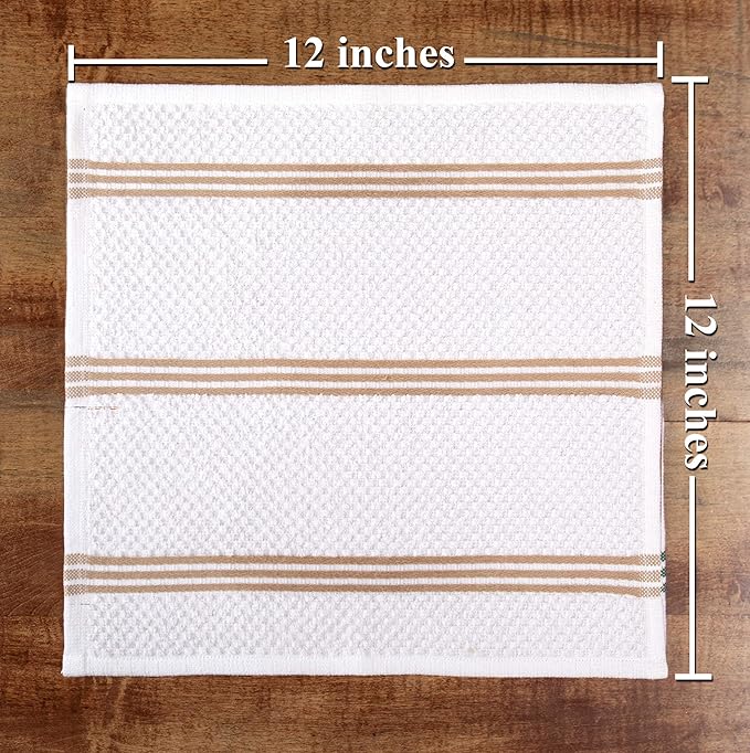 Sticky Toffee Cotton Dishcloths Set of 8 – 12x12 in Tan and White Tea Towels, Reusable and Absorbent Dish Cloths for Cleaning or Drying, Oeko-Tex Cotton
