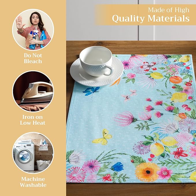 Maison d' Hermine Placemats Set of 4 100% Cotton Washable Cloth Place Mats, Reusable Table Mats for Kitchen Dining Decoration, Party, Wedding, Restaurant Spring/Summer (Jardin D'Ete - Mint, 13" x 19")