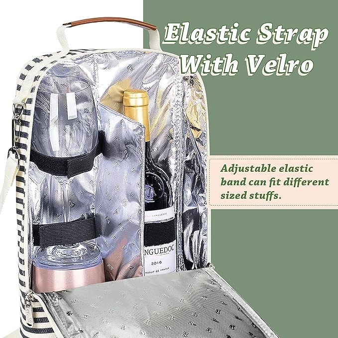 Tirrinia Insulated 2 Bottle Wine Gift Tote Bag - Wine Tumbler Glass Cooler Carrier for BYOB Restaurants, Wine Tasting, Travel, Park, Beach, Great Wine Lover Gift, Blue Stripe