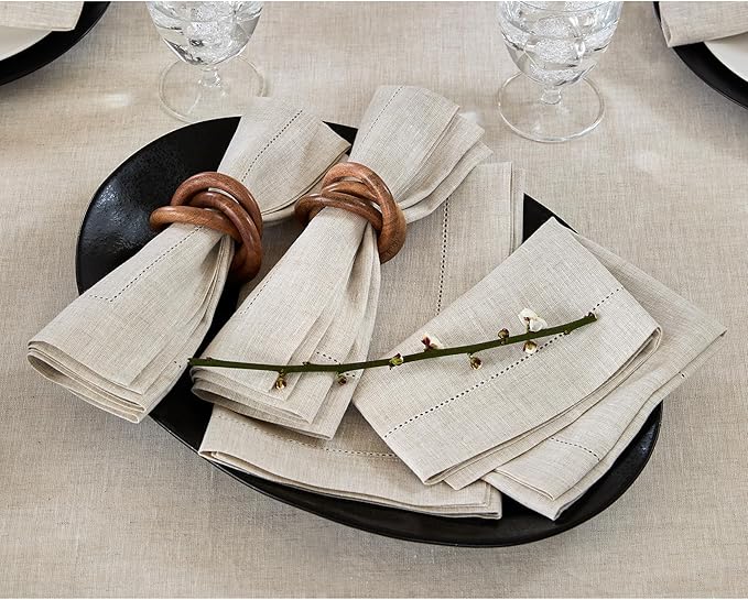 Solino Home Light Natural Linen Napkins Set of 6-100% Pure Linen Hemstitch Dinner Napkins 20 x 20 Inch for Fall, Autumn, Thanksgiving, Christmas, Holiday - Classic Hemstitch