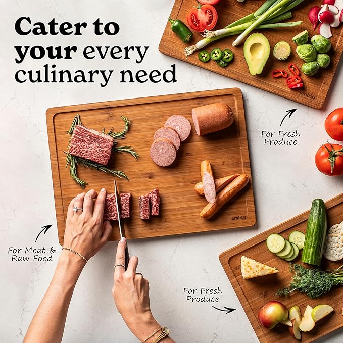 SMIRLY Bamboo Wooden Cutting Boards, Wood Cutting Board for Kitchen, Set of 3 with Deep Juice Grooves, Ideal for Chopping Meat Vegetables, Charcuterie Cheese Serving Tray, Kitchen Gadgets