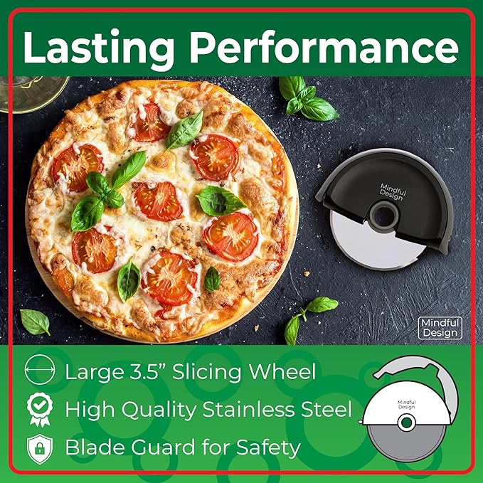 Mindful Design Pizza Cutter Wheel with Protective Blade Cover, Easy to Clean and Dishwasher Safe Handheld Pizza Slicer