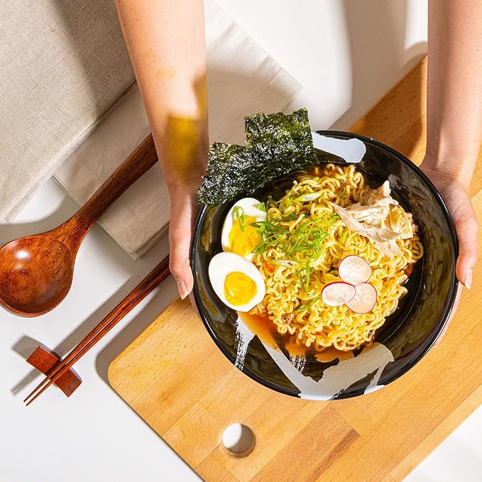 Japanese Ceramic Ramen Bowl Set, 60oz Large Ramen Bowls with Chopsticks, Spoons and Chopstick Rests – Bowl for Ramen, Pho, Salad, Poke, Soup, Udon – Minimalist Design, Premium Quality, Black