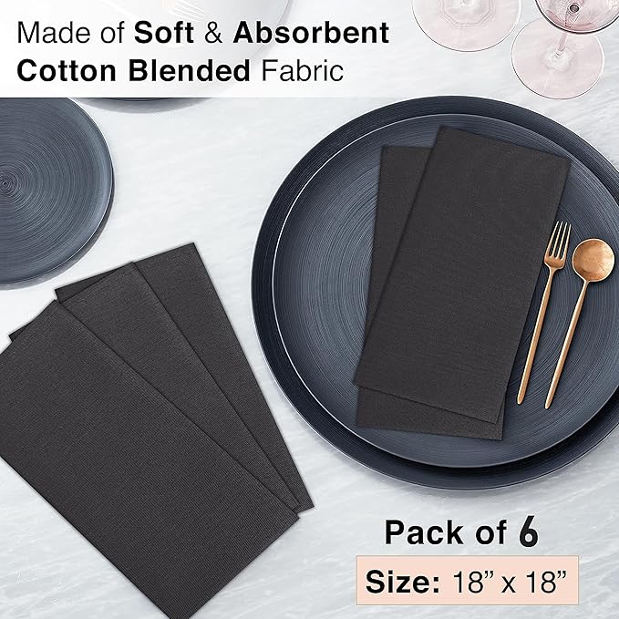 Ruvanti Cloth Napkins Set of 6, 18x18 Inches Napkins Cloth Washable, Soft, Durable, Absorbent, Cotton Blend. Table Dinner Napkins Cloth for Hotel, Lunch, Restaurant, Wedding Parties - Black