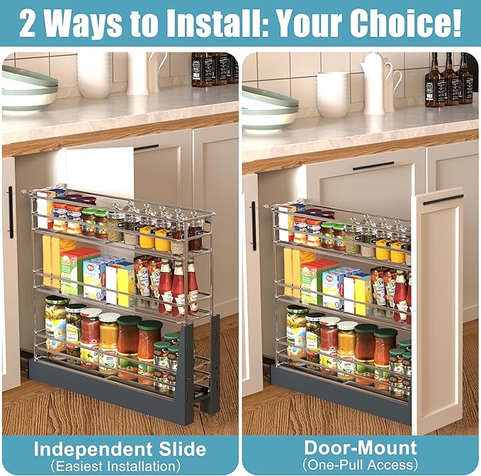 Pull Out Spice Rack for Narrow Cabinet (5.9" W X 19.7" D), Heavy Duty 3 Tier narrow PullOut Cabinet Organizer and Slide Out Shelves for inside Base Cabinets, Filler Pantry Storage
