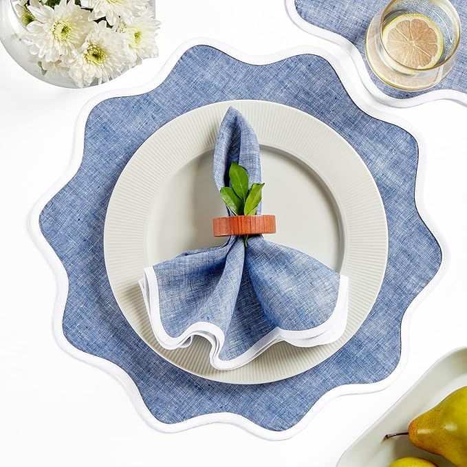 Solino Home Scallop Linen Placemats Set of 4-100% Pure Linen White and Chambray Indigo Round Cloth Placemats 16 Inch for Fall, Autumn - Giselle Scallop Edge, Handcrafted and Machine Washable