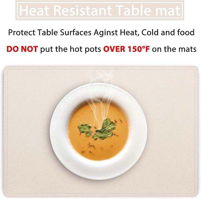 Set of 8 Faux Leather Placemats, PU Table Mats, Waterproof, Stain Resistant, Heat Resistant, Non-Slip Easy to Clean for Kitchen Dining Table,Conference Table, Beige