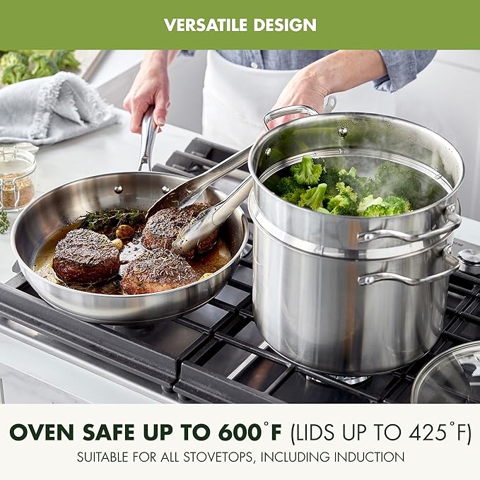 GreenPan11 Piece Stainless Steel Cookware Set, Induction Ready, Measurement Markings, Dishwasher & Oven Safe 600F, Pots & Pans, Sauce, Saute, Frying Pans, Silver