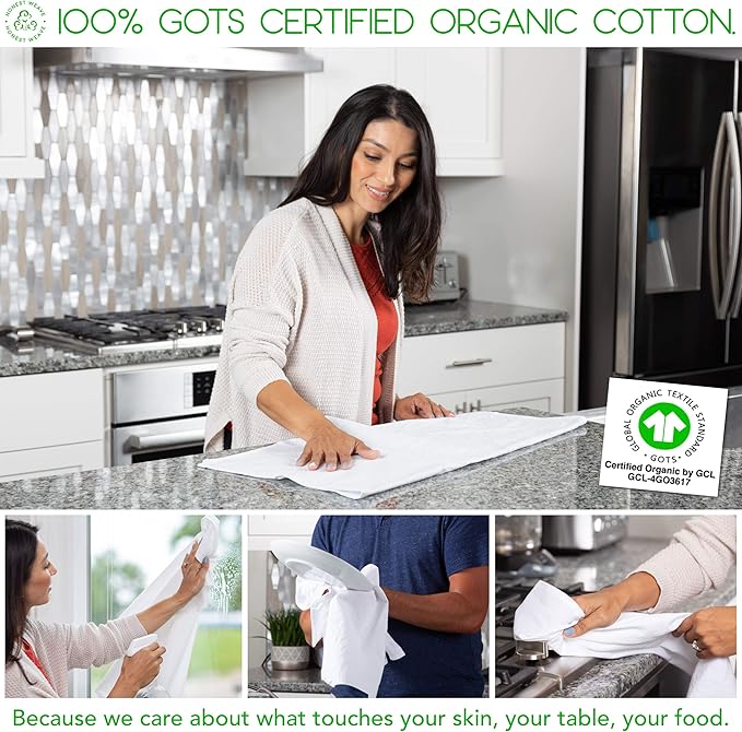 GOTS Certified 100% Organic Flour Sack Cotton Kitchen Hand and Dish Towel Sets - Extra Large 27x27 inches, Fully Hemmed, 12-Pack, White