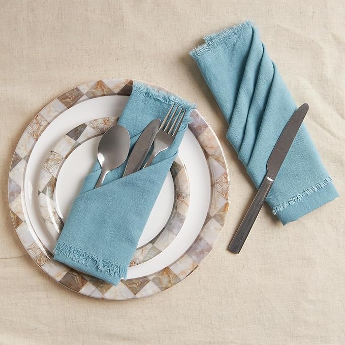 ACCENTHOME Blue Cotton Linen Napkin Set of 6 18x18 inch Dinner Napkins - Washable Soft Premium Hotel Quality Reusable Napkins Perfect Table Napkins for Family Dinners, Weddings & Everyday Use