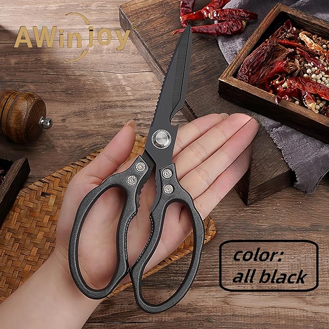 Kitchen Scissors, Heavy Duty Sharp Kitchen Shears Dishwasher Safe, Kitchen Accessories Cooking Shears for Kitchen Meat Chicken Fish Poultry Herb Bread (All Black), skr-05